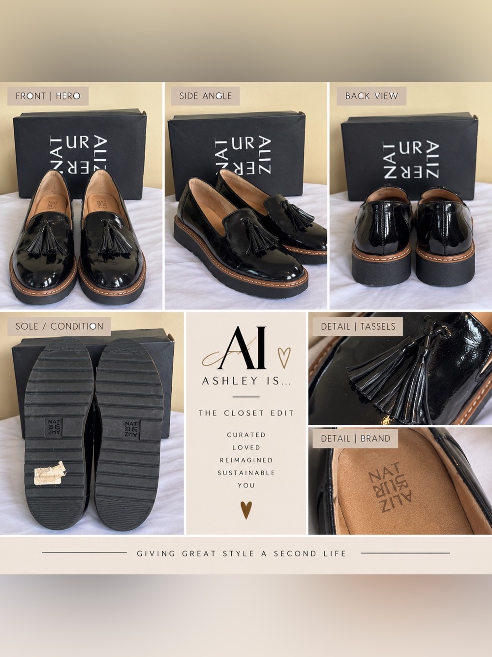 Naturalizer Black Patent Loafers with Tan Trim and Tassels